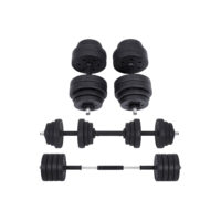Hantelset mit zwei 15-kg-Hanteln und einer Langhantel, perfekt für das Training.