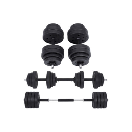 Hantelset mit zwei 15-kg-Hanteln und einer Langhantel, perfekt für das Training.