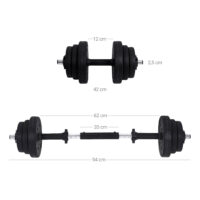 Hantelset mit zwei 15-kg-Hanteln und einer Langhantel, perfekt für das Training.