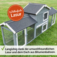 Großer Hasenstall mit zwei Freigehegen für mehr Platz und Bewegungsfreiheit.