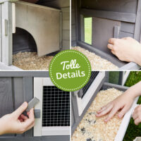 Großer Hasenstall mit zwei Freigehegen für mehr Platz und Bewegungsfreiheit.