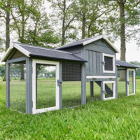 Großer Hasenstall mit zwei Freigehegen für mehr Platz und Bewegungsfreiheit.