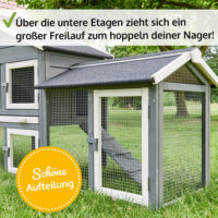 Großer Hasenstall mit zwei Freigehegen für mehr Platz und Bewegungsfreiheit.