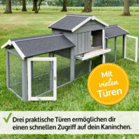 Großer Hasenstall mit zwei Freigehegen für mehr Platz und Bewegungsfreiheit.