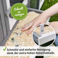 Großer Hasenstall mit zwei Freigehegen für mehr Platz und Bewegungsfreiheit.