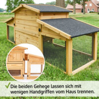 Doppeltes Freigehege mit Hasenstall, bietet ausreichend Platz für Kleintiere.