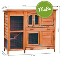 Holzhasenstall in Rot-Braun mit wetterfestem Dach und Türen für einfachen Zugang.