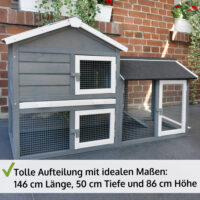 Hasenstall mit integriertem Freigehege und wettergeschütztem Unterschlupf.