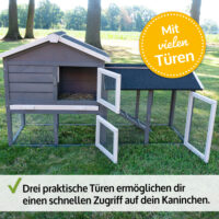 Hasenstall mit integriertem Freigehege und wettergeschütztem Unterschlupf.