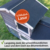 Hasenstall mit integriertem Freigehege und wettergeschütztem Unterschlupf.