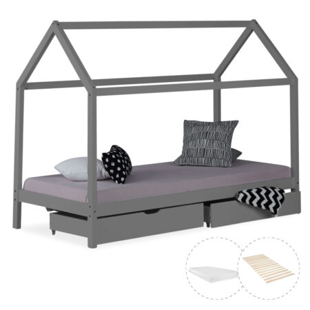 Hausbett Kinderbett 90x200cm aus Holz Grau
