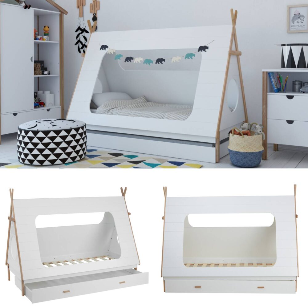 Hausbett Kinderbett 90x200cm aus Holz Weiss-Natur