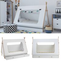 Hausbett Kinderbett 90x200cm aus Holz Weiss-Natur