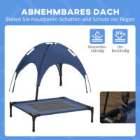 Dunkelblaues Haustierbett mit Baldachin für Outdoor-Nutzung.