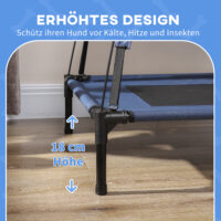 Dunkelblaues Haustierbett mit Baldachin für Outdoor-Nutzung.