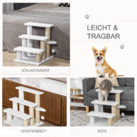 Weiße 3-stufige Haustiertreppe mit Kratzbaum für Katzen & Hunde.