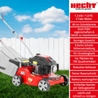 HECHT Benzin Rasenmäher 5408 mit 4-Takt OHV Motor, 40 cm Schnittbreite, 45-Liter-Fangkorb und 3-facher Schnitthöhenverstellung – kraftvoll, wendig und ideal für Flächen bis 700 m².