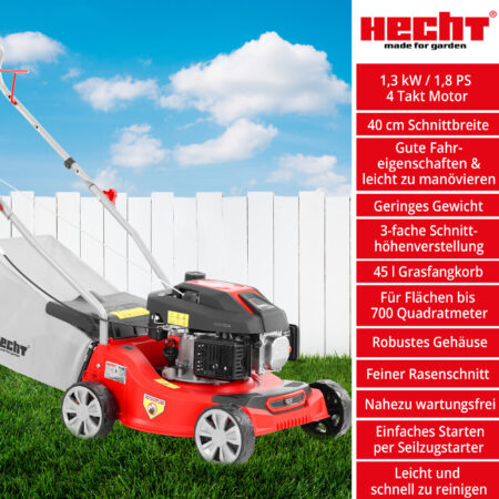 HECHT Benzin Rasenmäher 5408 mit 4-Takt OHV Motor, 40 cm Schnittbreite, 45-Liter-Fangkorb und 3-facher Schnitthöhenverstellung – kraftvoll, wendig und ideal für Flächen bis 700 m².