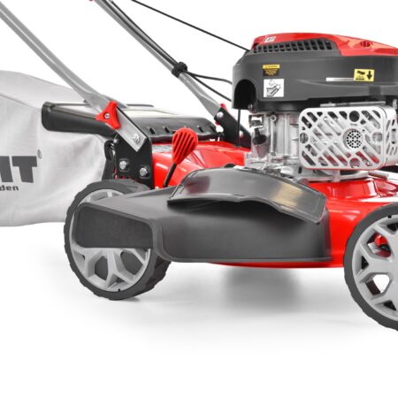 HECHT Benzin Rasenmäher 546 SCW mit 161 cm³ 4-Takt-Motor, 45 cm Schnittbreite, Radantrieb, 55-Liter-Fangkorb, 3-in-1 Funktion (Fangen, Mulchen, Seitenauswurf) und 5-facher Höhenverstellung – ideal für mittlere bis große Rasenflächen.