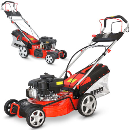 HECHT Benzin Rasenmäher 547 SWE mit 150 cm³ 4-Takt Eco-Motor, 46 cm Schnittbreite, Elektrostart, 5-in-1 Funktion, 55-Liter-Fangkorb, Radantrieb und 7-facher Höhenverstellung – ideal für komfortables Mähen großer Flächen bis 1200 m².