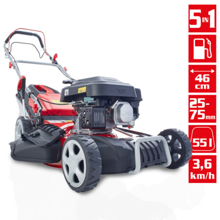 HECHT Benzin Rasenmäher 547 SXW mit 150 cm³ 4-Takt Eco-Motor, 46 cm Schnittbreite, 5-in-1 Funktion (Mähen, Fangen, Mulchen, Seitenauswurf, Laub zerkleinern), Radantrieb, 55-Liter-Fangkorb und 7-facher Höhenverstellung – kraftvoll und komfortabel für Rasenflächen bis 1200 m².