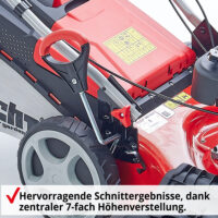 HECHT Benzin Rasenmäher 547 SXW mit 150 cm³ 4-Takt Eco-Motor, 46 cm Schnittbreite, 5-in-1 Funktion (Mähen, Fangen, Mulchen, Seitenauswurf, Laub zerkleinern), Radantrieb, 55-Liter-Fangkorb und 7-facher Höhenverstellung – kraftvoll und komfortabel für Rasenflächen bis 1200 m².