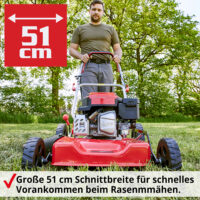 HECHT Benzin Mulchmäher 5511 mit 144,3 cm³ 4-Takt-Motor, 51 cm Schnittbreite, Mulchfunktion, Seitenauswurf und 5-facher zentraler Höhenverstellung – leistungsstark, robust und ideal für mittlere bis große Rasenflächen.