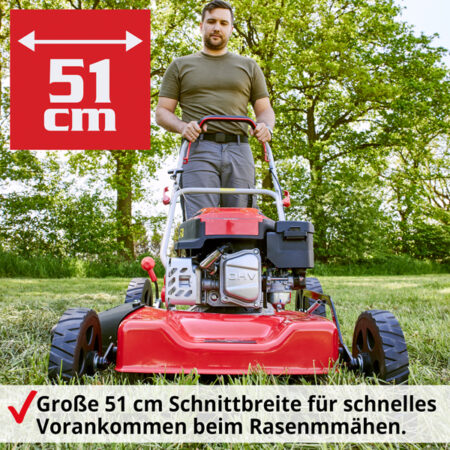 HECHT Benzin Mulchmäher 5511 mit 144,3 cm³ 4-Takt-Motor, 51 cm Schnittbreite, Mulchfunktion, Seitenauswurf und 5-facher zentraler Höhenverstellung – leistungsstark, robust und ideal für mittlere bis große Rasenflächen.