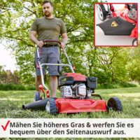 HECHT Benzin Mulchmäher 5511 mit 144,3 cm³ 4-Takt-Motor, 51 cm Schnittbreite, Mulchfunktion, Seitenauswurf und 5-facher zentraler Höhenverstellung – leistungsstark, robust und ideal für mittlere bis große Rasenflächen.
