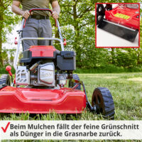 HECHT Benzin Mulchmäher 5511 mit 144,3 cm³ 4-Takt-Motor, 51 cm Schnittbreite, Mulchfunktion, Seitenauswurf und 5-facher zentraler Höhenverstellung – leistungsstark, robust und ideal für mittlere bis große Rasenflächen.