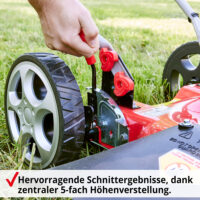 HECHT Benzin Mulchmäher 5511 mit 144,3 cm³ 4-Takt-Motor, 51 cm Schnittbreite, Mulchfunktion, Seitenauswurf und 5-facher zentraler Höhenverstellung – leistungsstark, robust und ideal für mittlere bis große Rasenflächen.