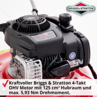 HECHT Benzin Mulchmäher 5511 BS mit 125 cm³ Briggs & Stratton Motor, 51 cm Schnittbreite, Mulchfunktion, Seitenauswurf und 5-facher Höhenverstellung – robust, effizient und ideal für mittelgroße Rasenflächen.