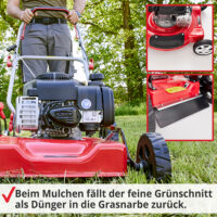 HECHT Benzin Mulchmäher 5511 BS mit 125 cm³ Briggs & Stratton Motor, 51 cm Schnittbreite, Mulchfunktion, Seitenauswurf und 5-facher Höhenverstellung – robust, effizient und ideal für mittelgroße Rasenflächen.