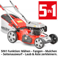 HECHT Benzin Rasenmäher 551 SX mit 196 cm³ 4-Takt-Motor (5,5 PS), 51 cm Schnittbreite, 5-in-1 Funktion, 65-Liter-Fangkorb, Radantrieb, Mulchkit, Seitenauswurf und 7-facher Höhenverstellung – kraftvoll und flexibel für große Gärten.