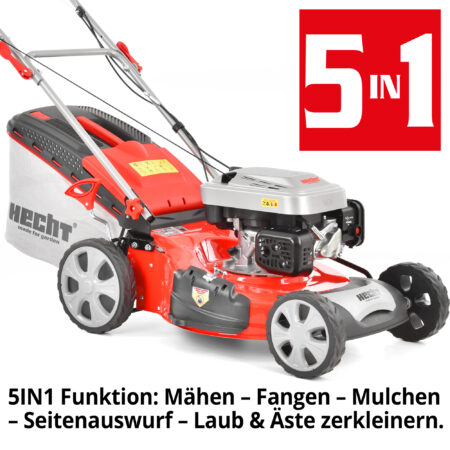 HECHT Benzin Rasenmäher 551 SX mit 196 cm³ 4-Takt-Motor (5,5 PS), 51 cm Schnittbreite, 5-in-1 Funktion, 65-Liter-Fangkorb, Radantrieb, Mulchkit, Seitenauswurf und 7-facher Höhenverstellung – kraftvoll und flexibel für große Gärten.
