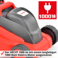 HECHT Elektro Rasenmäher 1000 mit 1000-Watt-Motor, 32 cm Schnittbreite und 35-Liter-Fangkorb – ideal für kleine, verwinkelte Gärten bis 400 m², leicht und wendig.