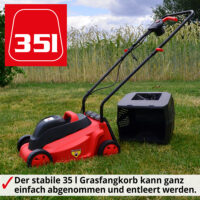 HECHT Elektro Rasenmäher 1000 mit 1000-Watt-Motor, 32 cm Schnittbreite und 35-Liter-Fangkorb – ideal für kleine, verwinkelte Gärten bis 400 m², leicht und wendig.