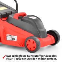 HECHT Elektro Rasenmäher 1000 mit 1000-Watt-Motor, 32 cm Schnittbreite und 35-Liter-Fangkorb – ideal für kleine, verwinkelte Gärten bis 400 m², leicht und wendig.