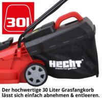 HECHT Elektro Rasenmäher 1233 mit 1300-Watt-Motor, 33 cm Schnittbreite und 30-Liter-Fangkorb – kompakt, leicht (7,1 kg) und ideal für kleine Gärten.