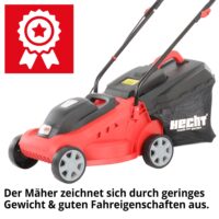 HECHT Elektro Rasenmäher 1233 mit 1300-Watt-Motor, 33 cm Schnittbreite und 30-Liter-Fangkorb – kompakt, leicht (7,1 kg) und ideal für kleine Gärten.