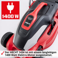 HECHT Elektro Rasenmäher 1434 mit 1400-Watt-Motor, 34 cm Schnittbreite, 5-facher Schnitthöhenverstellung und 35-Liter-Fangkorb – ideal für Rasenflächen bis 600 m².