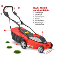 HECHT Elektro Rasenmäher 1638 R mit 1600-Watt-Turbo-Motor, 38 cm Schnittbreite, 45-Liter-Fangkorb und 5-facher zentraler Schnitthöhenverstellung – ideal für mittlere bis große Rasenflächen.