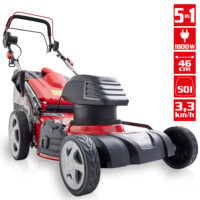 HECHT Elektro Rasenmäher 1802 S mit 1800-Watt-Motor, 46 cm Schnittbreite, Radantrieb (3,3 km/h), 5-in-1 Funktion, 50-Liter-Fangkorb, Mulchkit und 7-facher Höhenverstellung – ideal für große und vielseitige Rasenflächen.