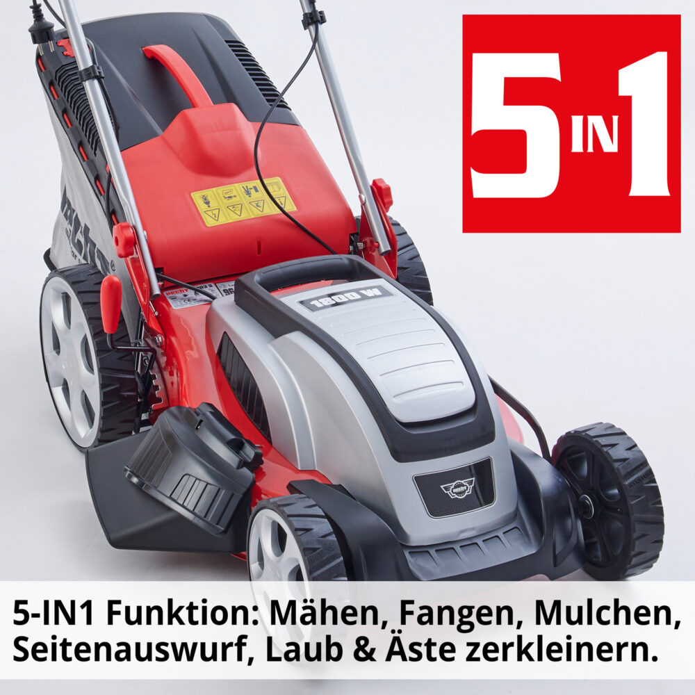 HECHT Elektro Rasenmäher 1803 S mit 1800-Watt-Motor, 46 cm Schnittbreite, 5-in-1 Funktion (Mähen, Fangen, Mulchen, Seitenauswurf, Laub zerkleinern), Radantrieb, 60-Liter-Fangkorb und 7-facher Höhenverstellung – ideal für Flächen bis 1.200 m².