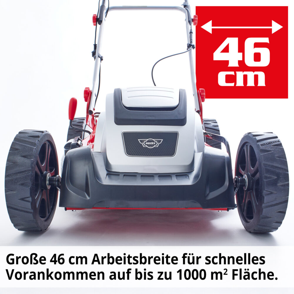 HECHT Elektro Rasenmäher 1803 S mit 1800-Watt-Motor, 46 cm Schnittbreite, 5-in-1 Funktion (Mähen, Fangen, Mulchen, Seitenauswurf, Laub zerkleinern), Radantrieb, 60-Liter-Fangkorb und 7-facher Höhenverstellung – ideal für Flächen bis 1.200 m².