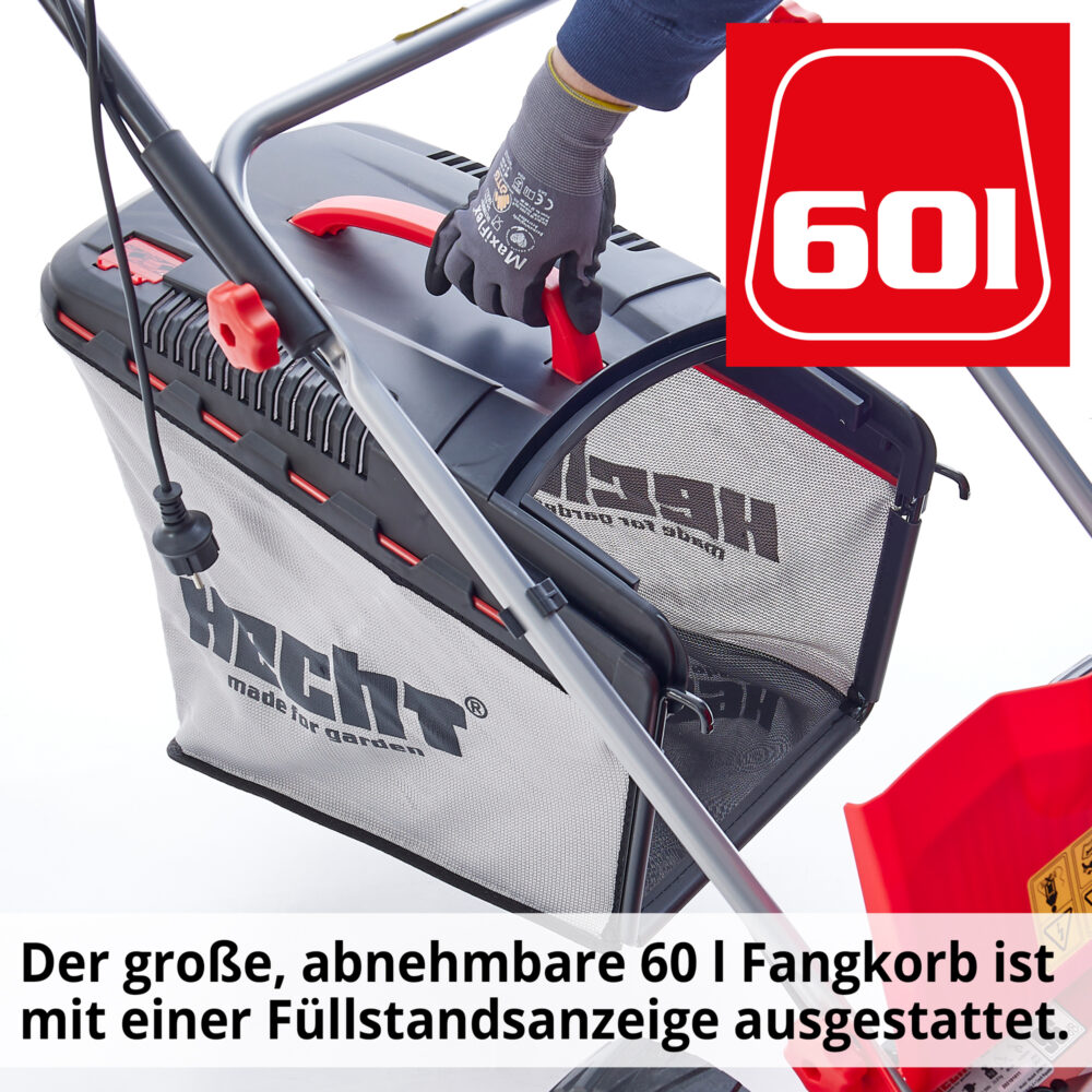 HECHT Elektro Rasenmäher 1803 S mit 1800-Watt-Motor, 46 cm Schnittbreite, 5-in-1 Funktion (Mähen, Fangen, Mulchen, Seitenauswurf, Laub zerkleinern), Radantrieb, 60-Liter-Fangkorb und 7-facher Höhenverstellung – ideal für Flächen bis 1.200 m².