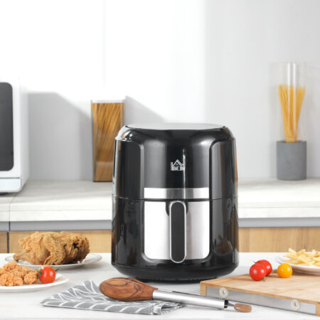 Eine schwarze Heissluftfritteuse und Airfryer mit 4 Litern Fassungsvermögen, 12 Programmen und LED-Touch-Display.