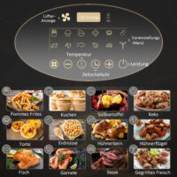 Eine schwarze Heissluftfritteuse und Airfryer mit 4 Litern Fassungsvermögen, 12 Programmen und LED-Touch-Display.