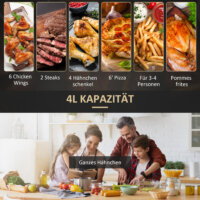 Eine schwarze Heissluftfritteuse und Airfryer mit 4 Litern Fassungsvermögen, 12 Programmen und LED-Touch-Display.