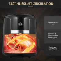Eine schwarze Heissluftfritteuse und Airfryer mit 4 Litern Fassungsvermögen, 12 Programmen und LED-Touch-Display.